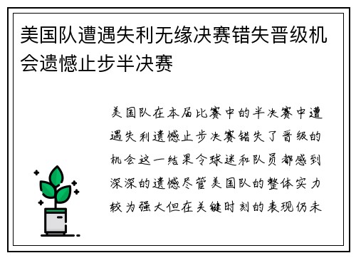 美国队遭遇失利无缘决赛错失晋级机会遗憾止步半决赛