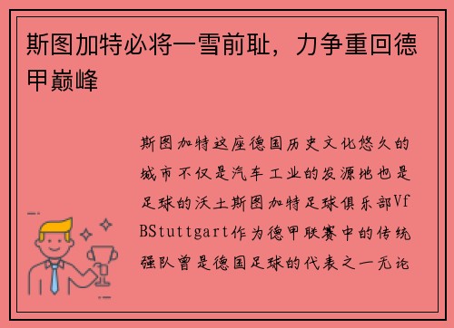 斯图加特必将一雪前耻，力争重回德甲巅峰