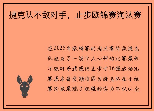 捷克队不敌对手，止步欧锦赛淘汰赛