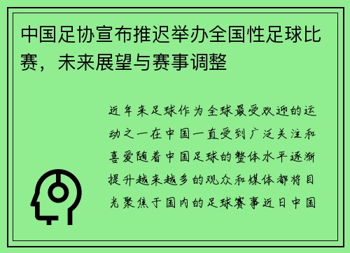 中国足协宣布推迟举办全国性足球比赛，未来展望与赛事调整
