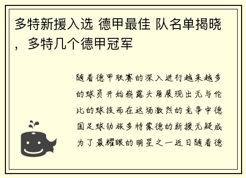 多特新援入选 德甲最佳 队名单揭晓，多特几个德甲冠军