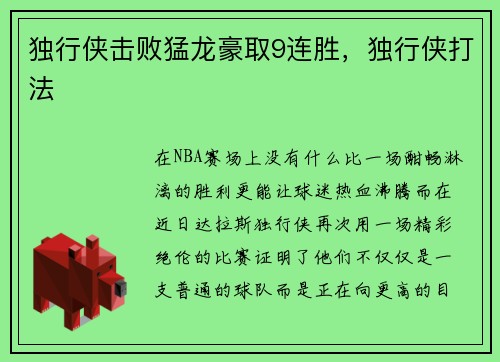 独行侠击败猛龙豪取9连胜，独行侠打法