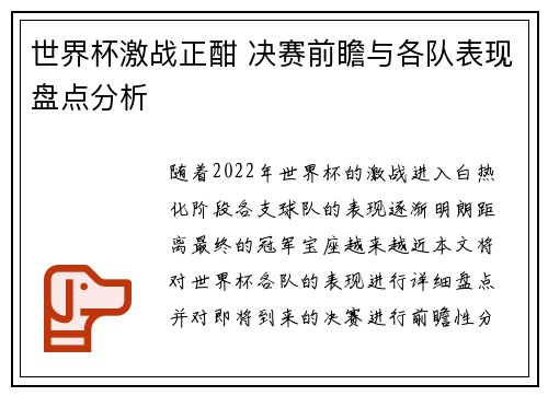 世界杯激战正酣 决赛前瞻与各队表现盘点分析