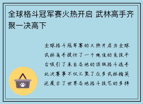 全球格斗冠军赛火热开启 武林高手齐聚一决高下