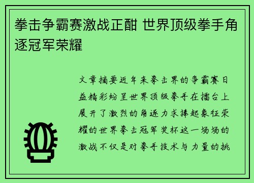 拳击争霸赛激战正酣 世界顶级拳手角逐冠军荣耀