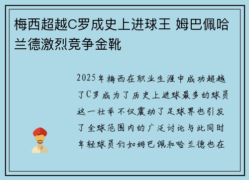 梅西超越C罗成史上进球王 姆巴佩哈兰德激烈竞争金靴